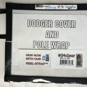 clear vinyl rectangle cover with black 1/2" velcro sewn on the sides and velcro tabs sewn top and bottom to make a packet to hold lures, dodgers and to be used as a pole wrap
