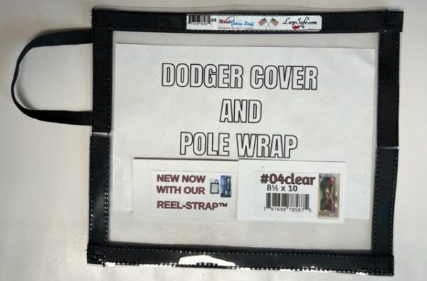 clear vinyl rectangle cover with black 1/2" velcro sewn on the sides and velcro tabs sewn top and bottom to make a packet to hold lures, dodgers and to be used as a pole wrap