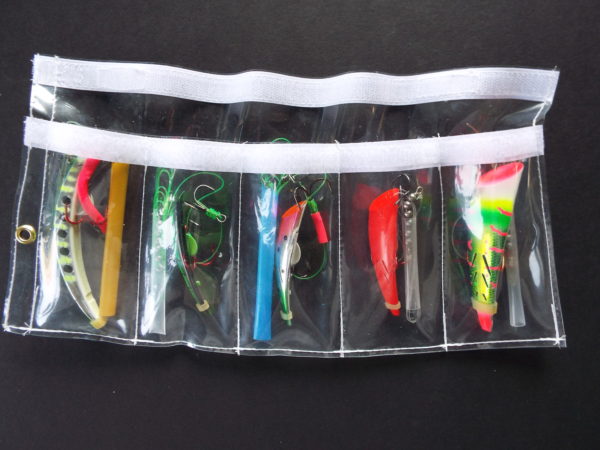 5 pocket 2 1/2 wide x 5″ high 2 per pack holds mini and regular cut plugs and lures tackle container sleeve