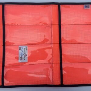 folding rectangle product with clear vinyl on front and orange mesh on the back with 8 -3.5 x 8" top open pockets with velcro fasteners on top and bottom and a carrying handle