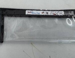 rectangle clear vinyl piece with black velcro on each side for fasteners and a elastic black handle