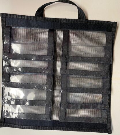 10 covers attached to a black mesh mateerial with velcro fasteners