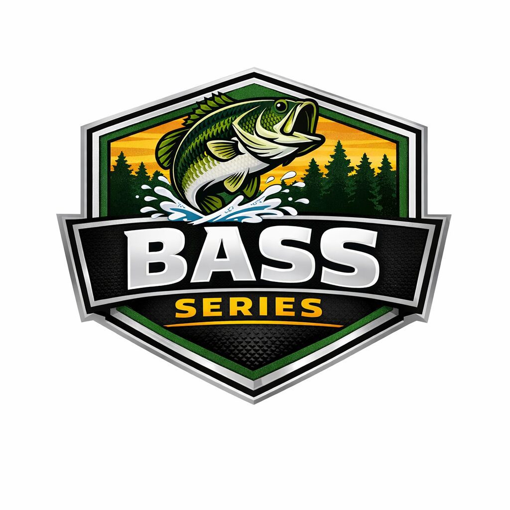 Leaping bass badge with sunset background