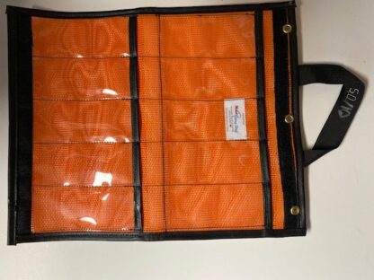 picture of orange folding dodger jacket with 5 pockets 2" x 5 " with handle