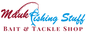 A red and blue logo for fishing and tackle shop.